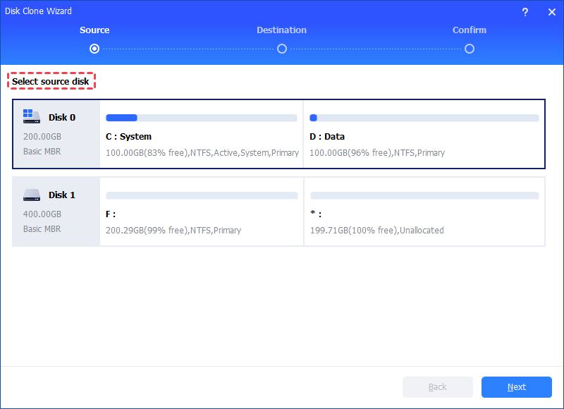 Choose the hard disk that you need to clone as the source disk like HDD and click
