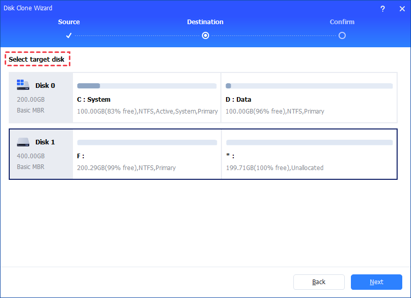 Select the destination disk like the SSD to store the data on the source disk, and then click