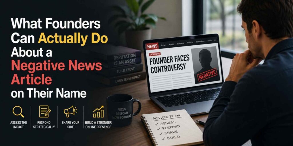 Founder reviewing a negative news article on a laptop while planning reputation management and response strategies.